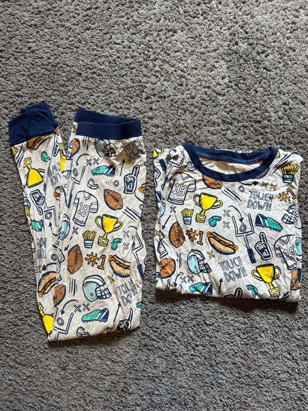 Little Sleepies Gray Football Print Pajama Set with Navy Trim. Size 7/8